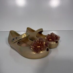 Mini Melissa Gold Jelly Mary Jane Sandals with Pink Floral Accent